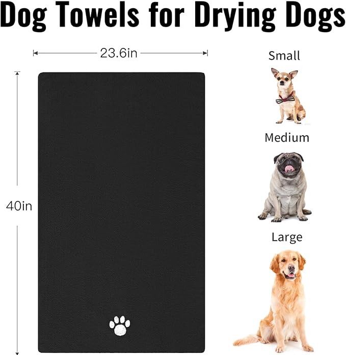 Puomue Microfiber Dog Towels for Drying Dogs, Super Absorbent and Soft Pet Towel, 40 Inch X 23.6 Inch, Perfect Dog Shower & Bath Supplies for Large, Medium or Small Dogs, Black