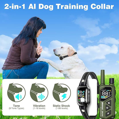 Smart Dog Training Collar for 2 Dogs, 2-in-1 Remote Control Shock Collar with AI Anti-Barking Device for Small/Medium,/Large Dogs, IPX7 Waterproof