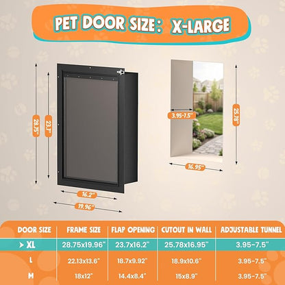 3-Flap XL Dog Door for Wall, All Aluminum Extra Large Doggy Door for Wall, Heavy Duty Pet Door with Lock, Energy Efficient, Telescoping Tunnel for Interior & Exterior Wall, Pet Up to 220LB