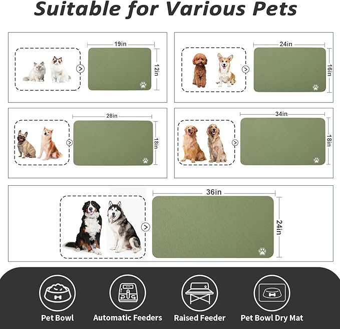 HotLive Dog Food Mat - Absorbent Cat Mat for Food and Water, No Stains Pet Feeding Bowl Mat, Easy to Clean Pet Placemats, Quick Dry Dog Water Dispenser Mat for Messy Drinkers | Paw Green 18"x34"