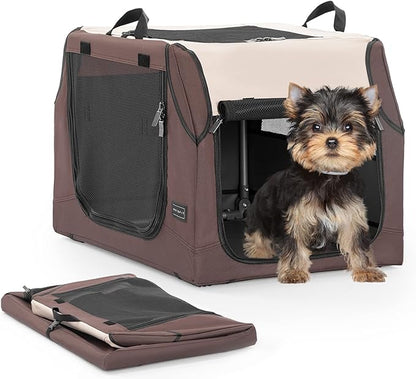 PETSFIT Soft Dog Crate, Travel Dog Crate - 24 Inch Sturdy Adjustable Structure, Easy to Set Up, Portable Dog Car Crate, Light Tough with 3 Mesh Doors Brown