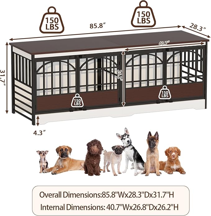 COZPAW 86 Inch Double Dog Crate Furniture, Extra Large Dog Kennel Indoor for 2 Dogs, Heavy Duty Dog Cage with Divider, Wooden Dog House Decorative Table TV Stand for XLarge Dogs (White&Brown)