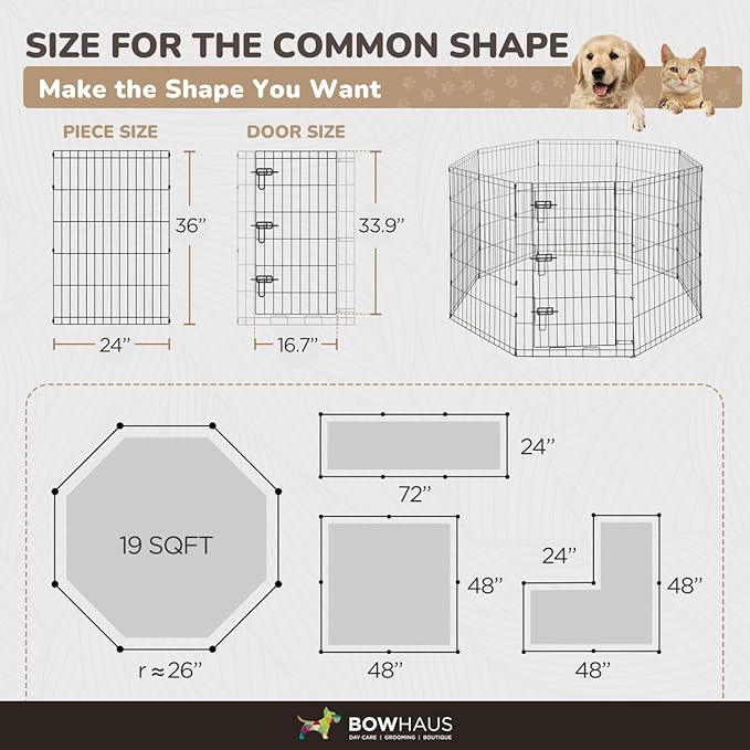 BOWHAUS Foldable Outdoor/Indoor Pet Playpen with Gate, Available in 36 Inch Height Metal Portable Kennel, Heavy-Duty Exercise Fence Cage 8 Panels for Large Dog, Animals
