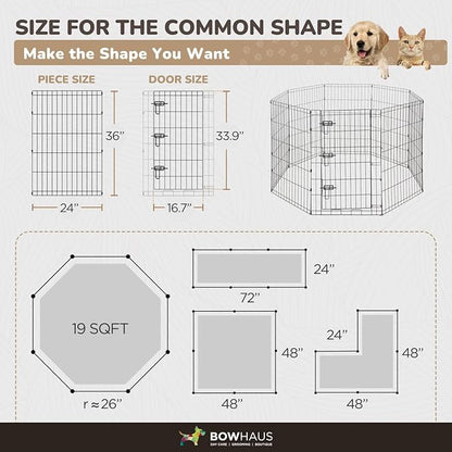 BOWHAUS Foldable Outdoor/Indoor Pet Playpen with Gate, Available in 36 Inch Height Metal Portable Kennel, Heavy-Duty Exercise Fence Cage 8 Panels for Large Dog, Animals