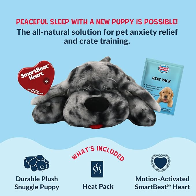 Snuggle Puppy Heartbeat Dog Toy for Puppies, Real-Feel Heartbeat, Calming Sleep Aid and Crate Training Comfort Toy with Heat Pack, Medium Breed Buddies Blue Merle (Australian Shepherd, Aussie)