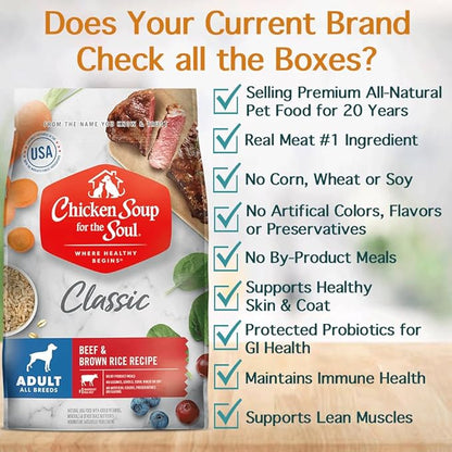 Chicken Soup for the Soul All Natural Premium Adult Dry Dog Food, Real Meat First Ingredient, No By-Products, Supports Gut & Immune Health, Beef & Brown Rice, 28lb