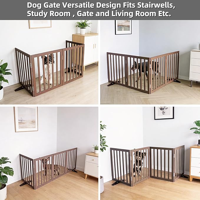 Dog Gate Indoor, Freestanding Dog Fence for The House, Doorways, Hallways,or Stairs,Pet Gate Foldable Wooden,Expandable 24" Height 4 Panels,Brown