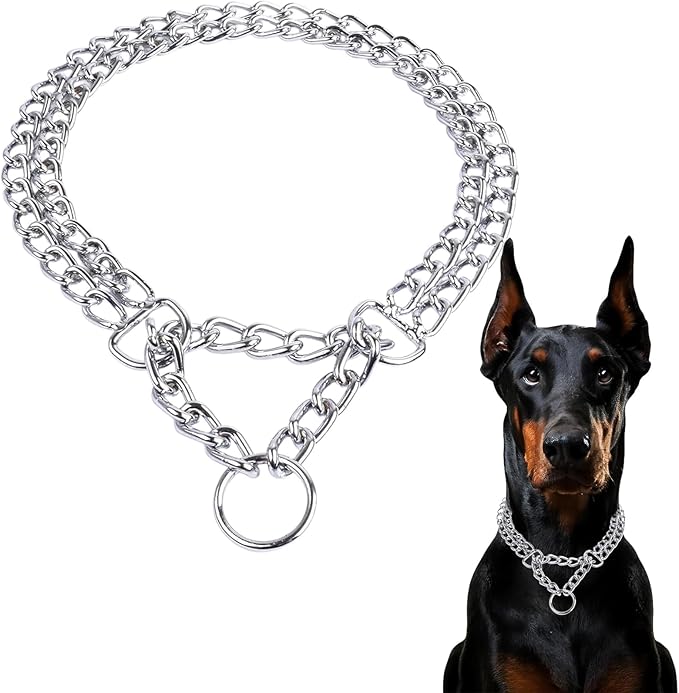 Heavy Duty Dog Choker Chain Collar, Silver Double Row Martingale Chain Dog Collars, Chew Proof Metal Cuban Link Dog Collars Adjustable for Small Medium Large Breed Dogs (2 Row, L)