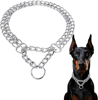 Heavy Duty Dog Choker Chain Collar, Silver Double Row Martingale Chain Dog Collars, Chew Proof Metal Cuban Link Dog Collars Adjustable for Small Medium Large Breed Dogs (2 Row, L)