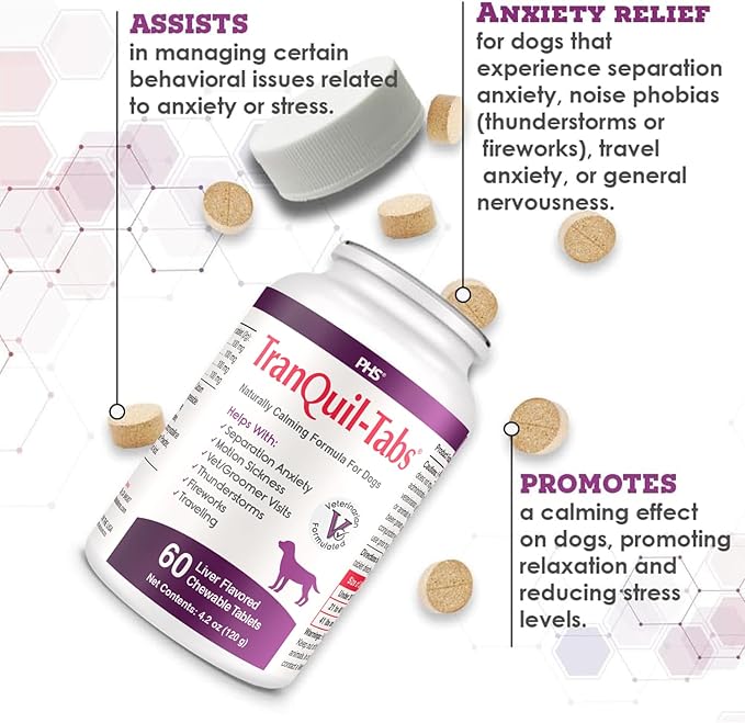 TranQuil-Tabs for Dogs - Contains Chamomile, L-Tryptophan, and Melatonin - Relieves Stress and Tension - Ease Travel and Separation Anxiety - 60 Tabs