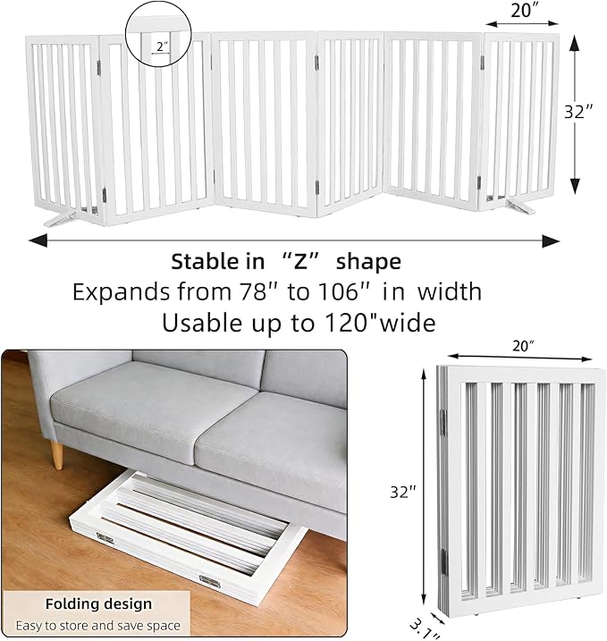 ZJSF Freestanding Indoor Dog Gate for House Foldable Wood White Puppy Gate for Doorways Pet Gate for Stairs Extra Wide Pet Fence 32" Height 6 Panels