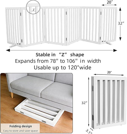 ZJSF Freestanding Indoor Dog Gate for House Foldable Wood White Puppy Gate for Doorways Pet Gate for Stairs Extra Wide Pet Fence 32" Height 6 Panels