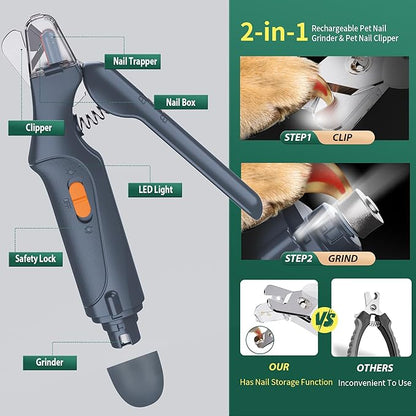 CATPICK 2-in-1 Cat Nail Clippers & Dog Nail Clippers Trimmers for Large Medium Small Dogs Cats Claw Trimmer Quick Sensor and Safety Guard USB Rechargeable with 2 LED Lights Dogs Nail Trimmer