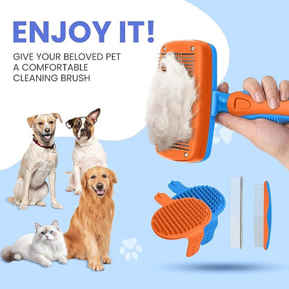 Self Cleaning Shedding Brush - 5-in-1 Professional Pet Grooming Kit Skin Friendly Grooming Tool for Dogs, Cats, and Puppies, Deshedding and Hair Removal for Long and Short Haired Pets,（Blue-Orange）