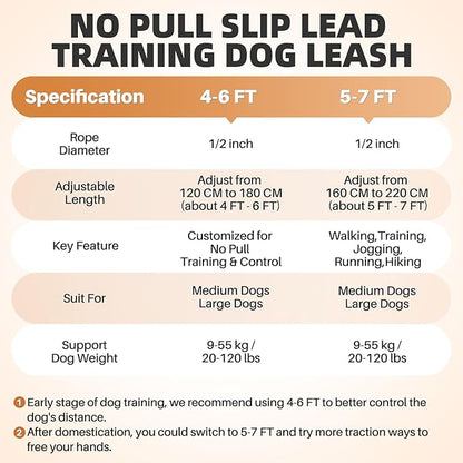 SlowTon Slip Lead for Dogs - Hands Free No Tangle Adjustable 4-6 FT 1/2” Rope, Heavy Duty Nylon Leash for Large Medium Dogs that Pull, No Pull Training Slip Leashes, 20-120lb, Orange