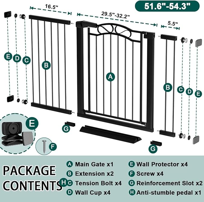 Fairy Baby 51.6"-54.3" Extra Wide Baby Gate with Door, 52 53 54 Inches Walk THR Baby Gates for Stairs Pressure Mounted no Drill, Indoor Tension Metal Child Pet Dog Safety Gate for Kids, Black