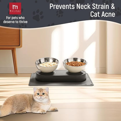 Marchul Stainless Steel Elevated Dog Food Bowls Set with Spill Proof Dish Mat, Raised Tilted Cat Bowl for Healthy Digestion, 1-Second Detachable & Dishwasher Safe