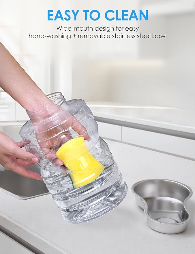 Heouvo 1.7 Gallon Automatic Dog Water Dispenser【Wide Mouth for Easy Hand-in Cleaning】【Removable Stainless Steel Bowl】, Gravity Refilling Large Capacity for Cats and Dogs, Multi-Pet Homes