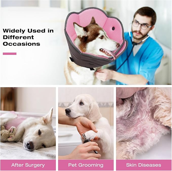 Dog Cone Collar After Surgery,Adjustable Soft Dog Recovery Collar to Stop Licking Wounds,Comfortable Light-Weight Elizabethan Collar for Dogs Anti-Bite Lick Protective Wound,Pink,L