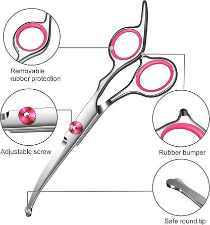 Dog Grooming Scissors with Safety Round Tip Pet Grooming scissors Kit Dog Shears kit Incudes Thinning Curved Straight Grooming Scissors Nail Clippers Nail File and Comb for dogs cats