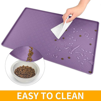 Ptlom Dog Food Mat Waterproof Pet Bowl Mats with High Lips, Non-Slip Dog Placemat Prevent Messy Spills to Floor, Silicone Puppy Feeding Tray for Small, Medium Large Dogs Cats, Purple, 31.5" 23.6"