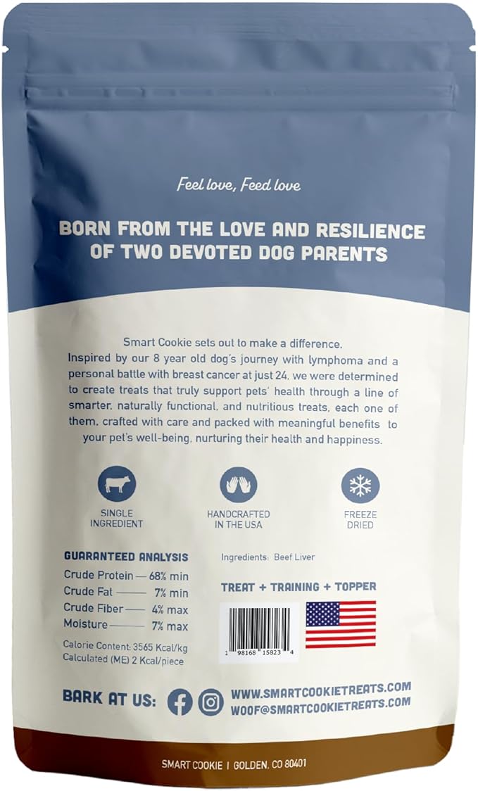 Smart Cookie Freeze Dried Beef Liver Bites - Single Ingredient Beef Liver Dog Treats - Low Calorie Training Treats for Dogs - 2oz Bag, 1 Pack