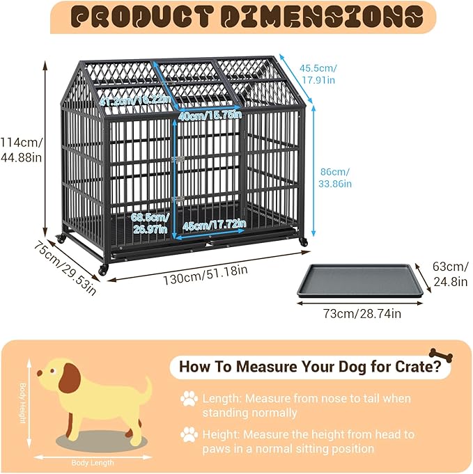 Heavy Duty Dog Crate, 52 Inches Large Metal Dog Kennel with Roof Top, 2 Door Pet Cage with Removable Tray and Wheels for High Anxiety Large Giant Breeds