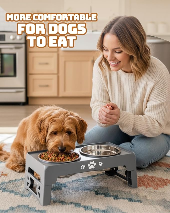 Jovrun Elevated Dog Bowls for Small Dogs and Cats, Non-Slip Cat Bowls with 2 Thick 5.5" Stainless Steel Dishes, Dog Feeder 2 Heights Adjustable to 2.6"-5.3"