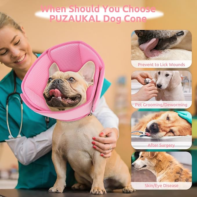 Dog Cone Collar - Soft Elizabethan Collar for Dogs After Surgery, Comfy Cone for Dogs to Stop Licking, Adjustable Dog Cone Alternative for Wound Healing (Pink L)