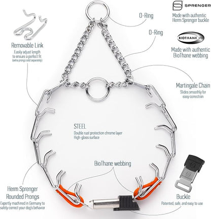 Herm Sprenger Chrome Plated Steel Dog Collar with Quick Release ClicLock Buckle O-Ring Biothane Insert Training Collar Made in Germany (Hunter Orange, 16in x 2.25mm(Neck Size up to 13-14in))