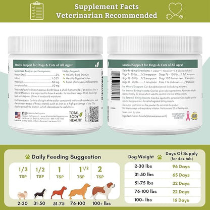 Wholistic Pet Organics Diatomaceous Earth - Food Grade for Dogs & Cats - 4 Oz - Multi Use Powder - Pet Safe Non-Chemical Freshwater Sourced Silica Supports Overall Health - Made in USA - 32 Scoops