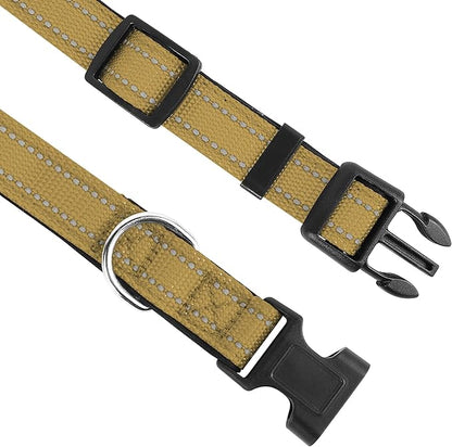 Reflective Dog Collar, Adjustable Soft Neoprene Padded Nylon Pet Collars with Buckle for Extra Large Dogs, Khaki,XL