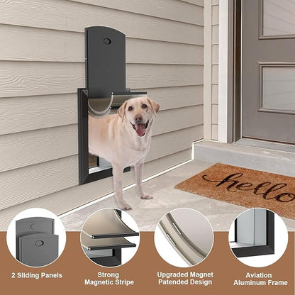 Extra Large Dog Door for Wall, Heavy Duty Dog Door with Aluminum Frame and Telescoping Tunnel, Two Magnetic Flaps and Two Sliding Lock Panels, Up to 220lbs, Black.