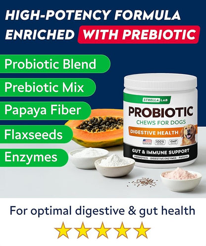 STRELLALAB Dog Probiotics Chews for Digestive Health & Gut Support with Yeast and Enzymes - Anti Gas, Diarrhea and Upset Stomach Immune Supplement - Digestion Treats with Fiber (180Ct, Bacon)