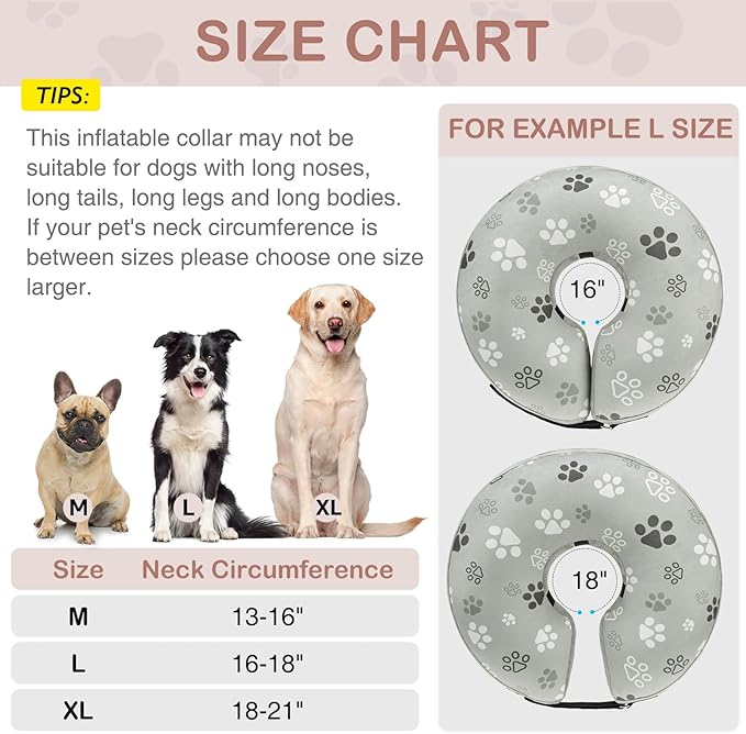 SCENEREAL Dog Cone Alternative After Surgery Donut Collar, Soft Pet Recovery Pillow Collar for Medium Large Dogs, Inflatable Adjustable Neck Collars to Prevent Licking, Grey Footprints M