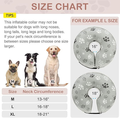 SCENEREAL Dog Cone Alternative After Surgery Donut Collar, Soft Pet Recovery Pillow Collar for Medium Large Dogs, Inflatable Adjustable Neck Collars to Prevent Licking, Grey Footprints M