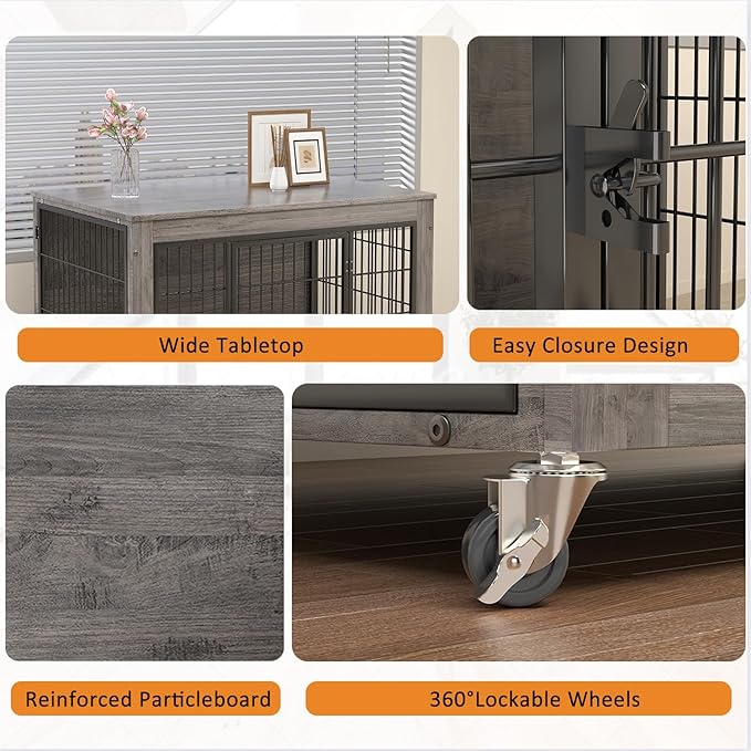 PRETZI Dog Crate Furniture with Cushion,38" Wooden Dog Crate nightstand with Double Doors, Grey Kennel Indoor with Wheels, Decorative Pet House for Medium Large Dog