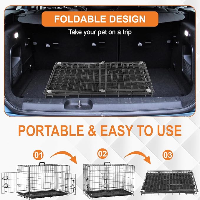 Dog Crate Dog Cage Dog Kennel Outdoor Metal Wire Double-Door Folding Pet Animal Pet Cage for Small Dog 30 inches with Double Door&Leak-Proof Pan Tray,Black