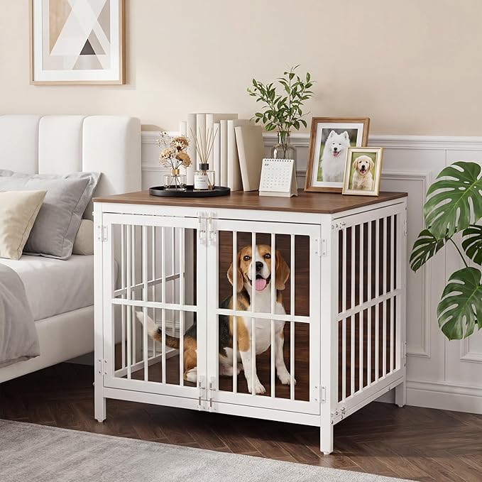 HOOBRO Heavy Duty Dog Crate Furniture, 31.5" Wooden Indoor Kennel with 3 Doors, Chew Resistant Metal Cage for Small and Medium Breeds, Dog Crate Side Table, White and Walnut