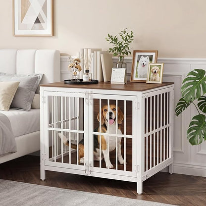 HOOBRO Heavy Duty Dog Crate Furniture, 31.5" Wooden Indoor Kennel with 3 Doors, Chew Resistant Metal Cage for Small and Medium Breeds, Dog Crate Side Table, White and Walnut