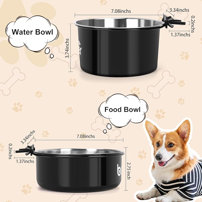 Crate Water Bowl No Spill for Large Dogs, Removable Stainless Steel Dog Bowls for Food and Water, Dog Kennel Hanging Wet and Dry Food Feeder for Medium/Large Pets, (7.1"x3.7" & 7.1"*2.6", Black)