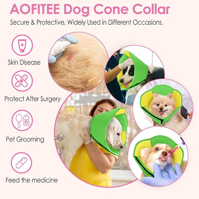 AOFITEE Dog Cone - Soft Cone for Dogs After Surgery, Comfy Cones for Large Dogs to Stop Licking, Adjustable Soft Dog Cone Collar, Elizabethan Pet E-Collar for Wound Healing, YellowGreen Large