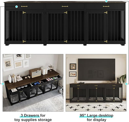 Dog Crate Furniture - Indoor Wooden Dog Kennel Crate Furniture with 2 Dividers, 3 Drawers, and 3 Lockable Doors, 95"x23.6"x31.5"H, Black