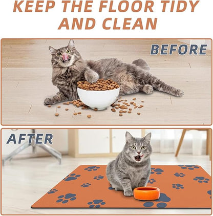 12"×20" Dog Food Mat-Absorbent Dog Mat for Food and Water, No Stains Quick Dry Cat Bowl Mat Non Skid Feeding Mat with Footprints for Messy Drinkers Orange