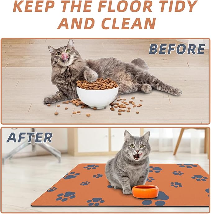 18"×30" Dog Food Mat-Absorbent Dog Mat for Food and Water, No Stains Quick Dry Cat Food Bowl Mat with Footprints for Messy Drinkers,Orange