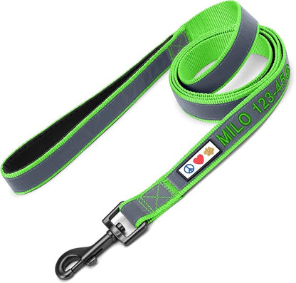 Pawtitas Personalized Green Dog Leash 6 ft Custom ID Lead for Dogs & Puppies Reflective Comfortable Padded Handle Embroidered Name & Phone Number