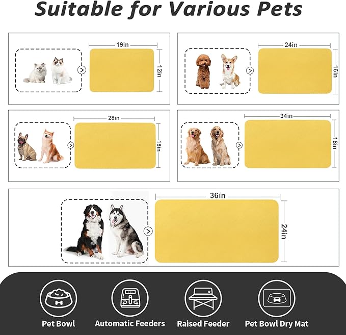 HotLive Dog Food Mat - Absorbent Cat Mat for Food and Water, No Stains Pet Feeding Bowl Mat, Easy to Clean Pet Placemats, Quick Dry Dog Water Dispenser Mat for Messy Drinkers | Yellow 24"x36"