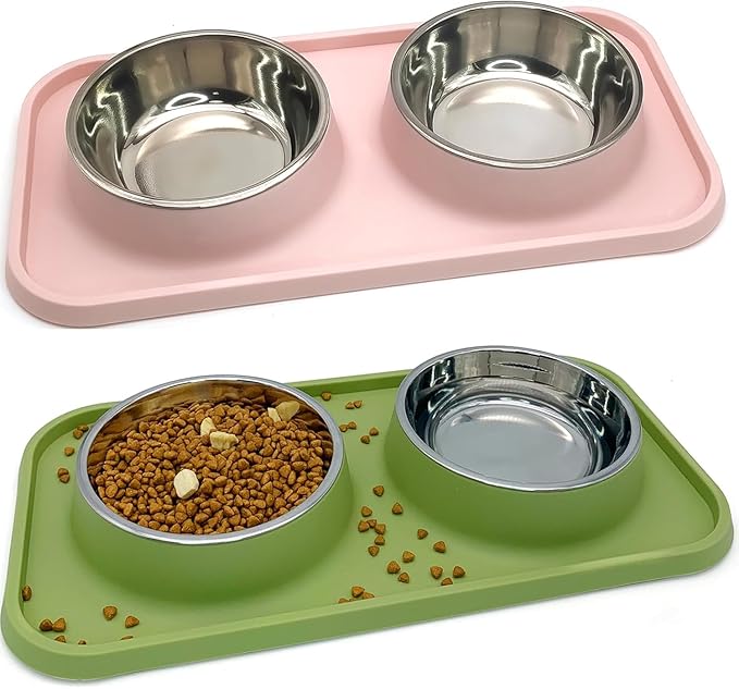 BNOSDM 2 Pcs Double Dog Food Bowls Stainless Steel Small Dog Food and Water Bowls with Non-Spill Plastic Mat Pet Cat Feeder Dish Set for Puppy Cats Kitten (Pink and Drak Green)