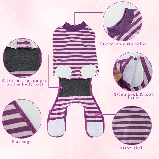 2 Packs Breathable Cotton Dog Recovery Suit for After Neuter Spay Abdominal Wounds Protector, Professional Anti-Licking Onesies for Male Female Pets Surgery Bandages, 2XL Purple & Pink Stripes