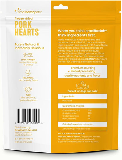 smallbatch Pets Premium Freeze-Dried Pork Heart Treats for Dogs and Cats, 3.5 oz, Made and Sourced in The USA, Single Ingredient, Humanely Raised Meat, No Preservatives or Anything Artificial